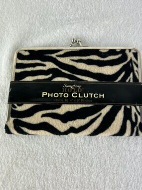 New Something to Hold Photo Clutch Holds 16 4"x6" photos Zebra Pattern White/Bla